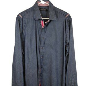 Smash Dress Shirt Men Size S Blue Denim Shirt Long Sleeve Striped Red White